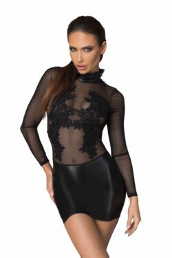 Noir Handmade Powerwetlook mit Tüll Minikleid mit Applikationen VIP