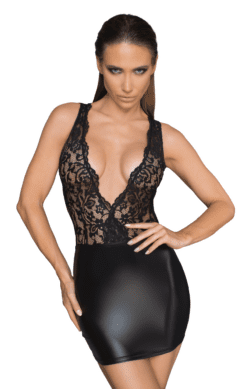 Noir Handmade Powerwetlook und Lace Minikleid mit tiefem Ausschnitt am Rücken