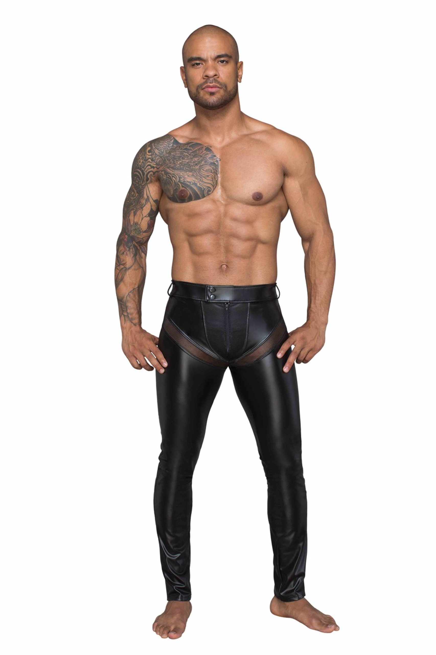 Noir Handmade Powerwetlook-Longpants mit Einsätzen und Taschen aus 3D-Netz